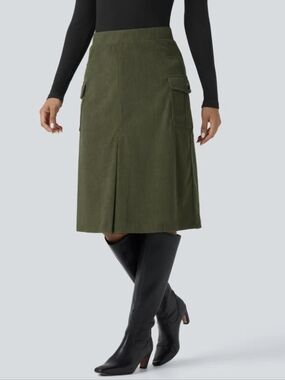 Halara High-Waisted A-Line Corduroy Midi Skirt Pockets 90s Streetwear